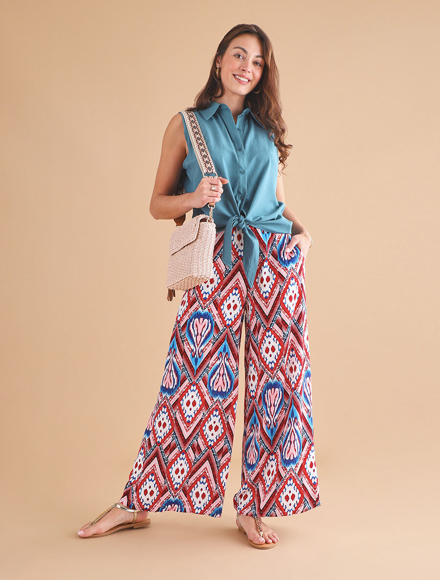 Pantalon fluide élastiqué imprimé psychédélique - Rouge - 4