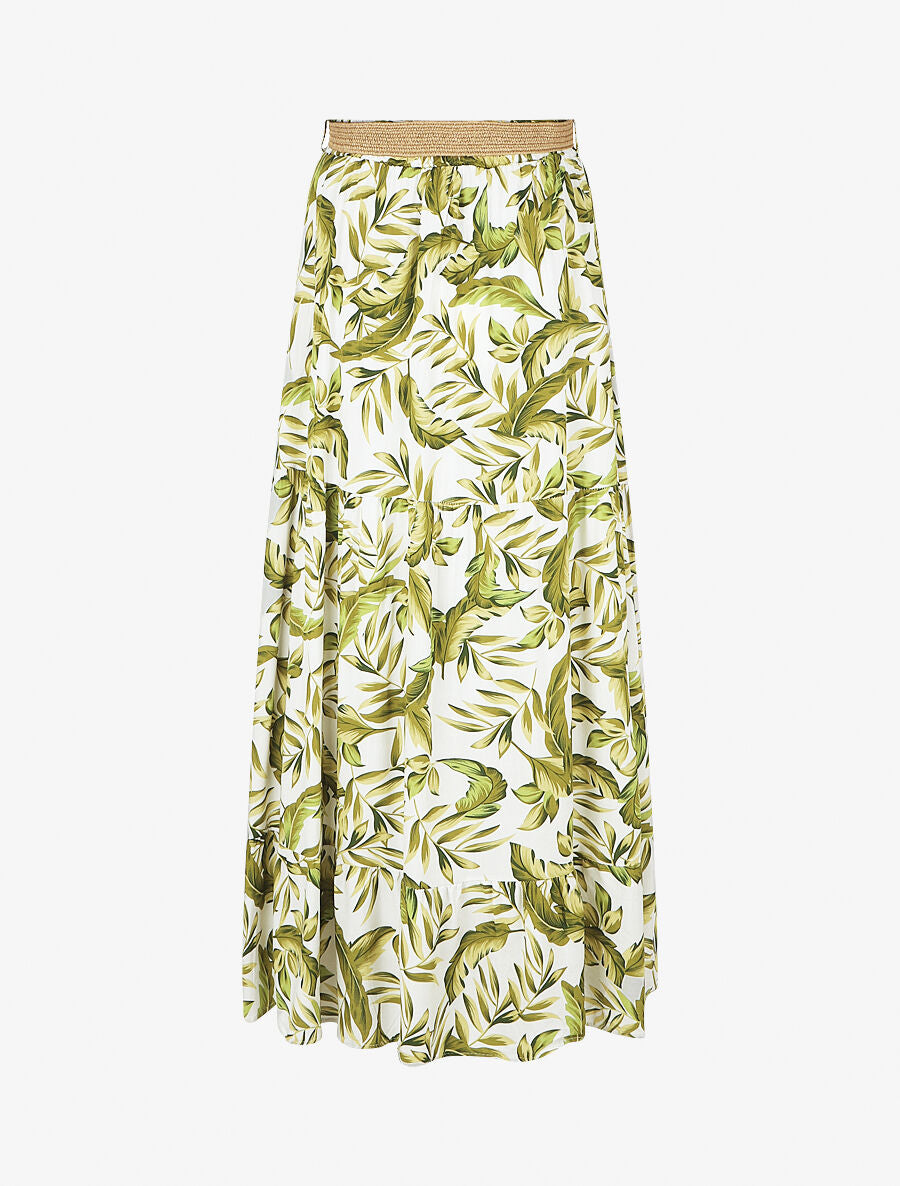 Jupe imprimé feuilles à taille élastiquée - Vert - 2