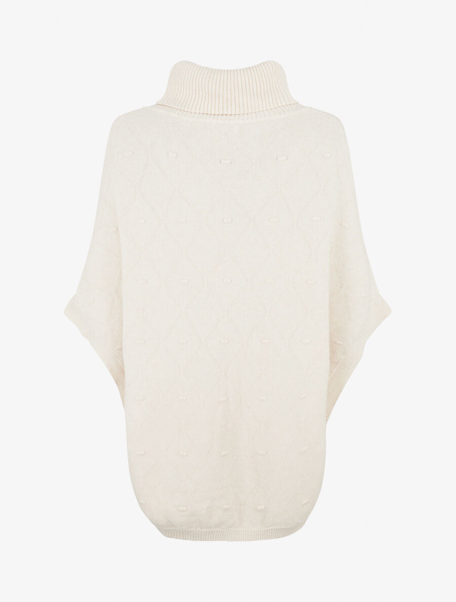 Poncho ample col roulé maille fantaisie - Crème - 2