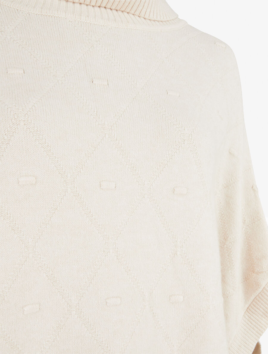 Poncho ample col roulé maille fantaisie - Crème - 3