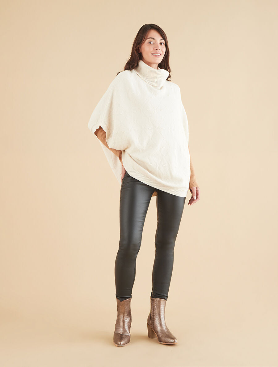 Poncho ample col roulé maille fantaisie - Crème - 4
