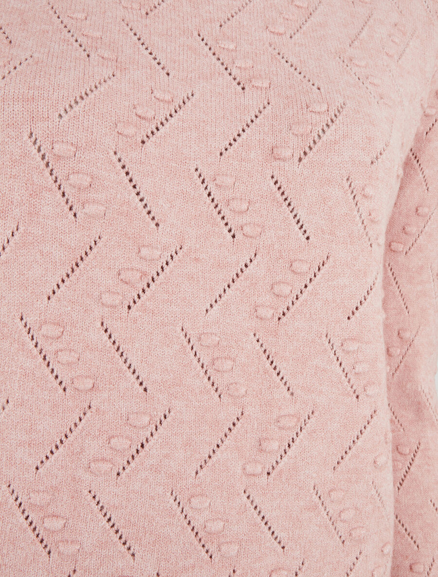 Pull droit col rond en maille fantaisie - Rose - 3