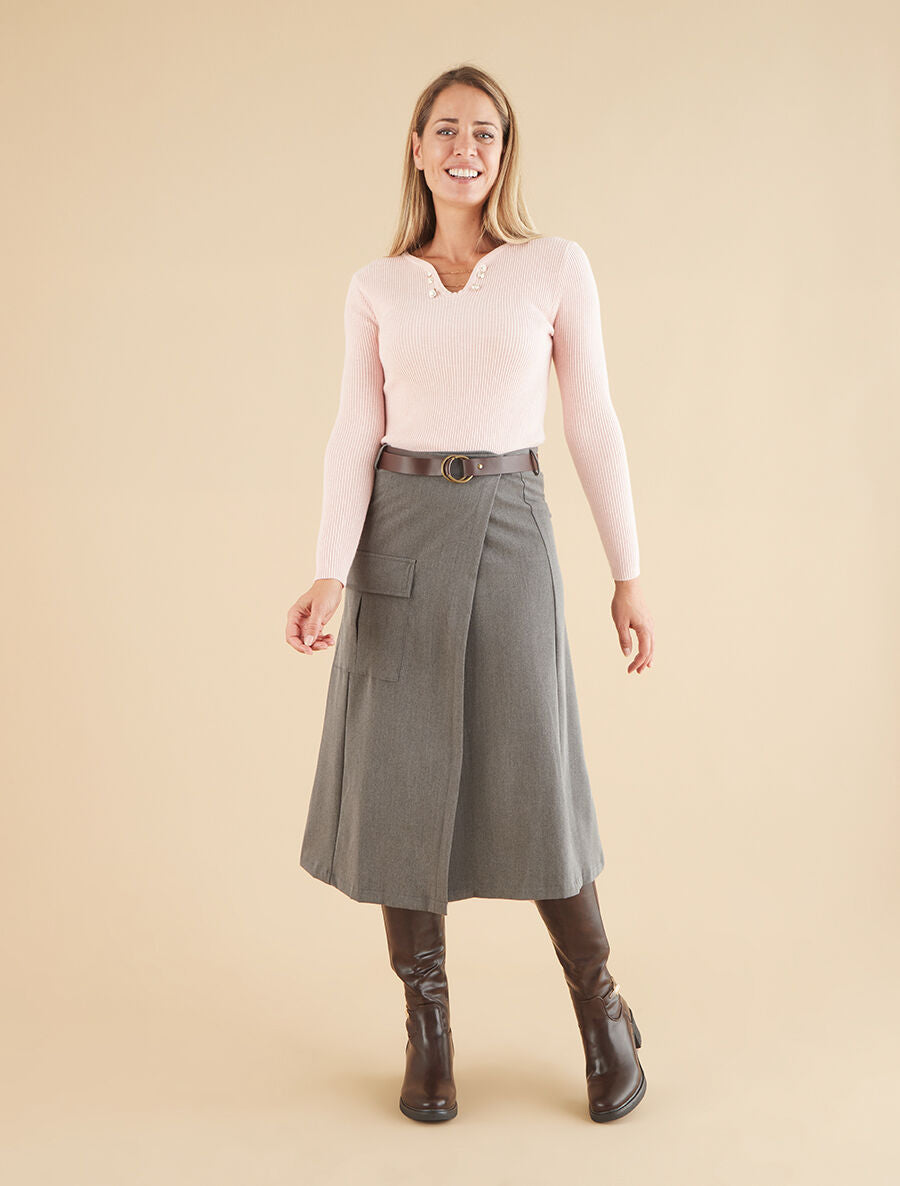 Pull côtelé ajusté à col bijoux - Rose - 4