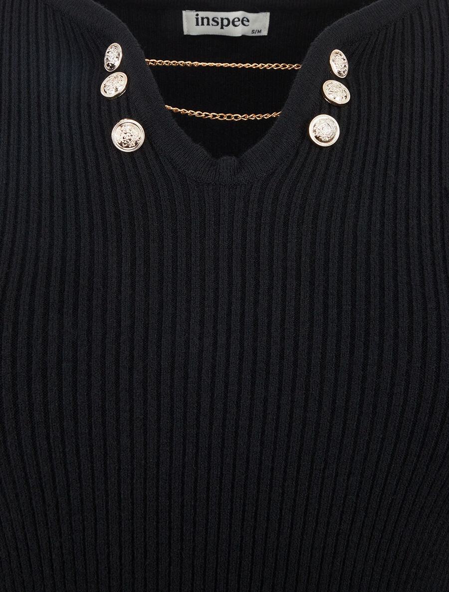 Pull côtelé ajusté à col bijoux - Noir - 3