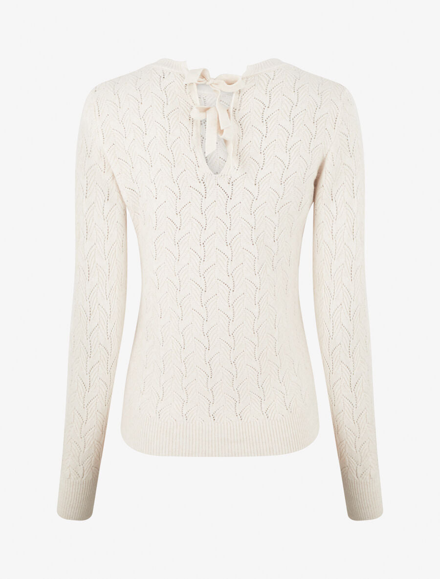 Pull droit en maille tressée et noeud au dos - Crème - 2