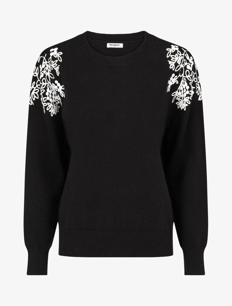 Pull uni à broderies fleuries aux épaules - Noir - 1