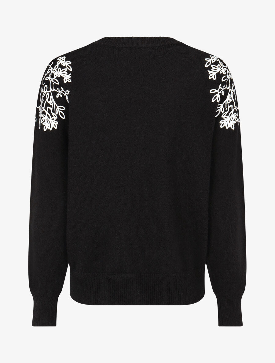 Pull uni à broderies fleuries aux épaules - Noir - 2