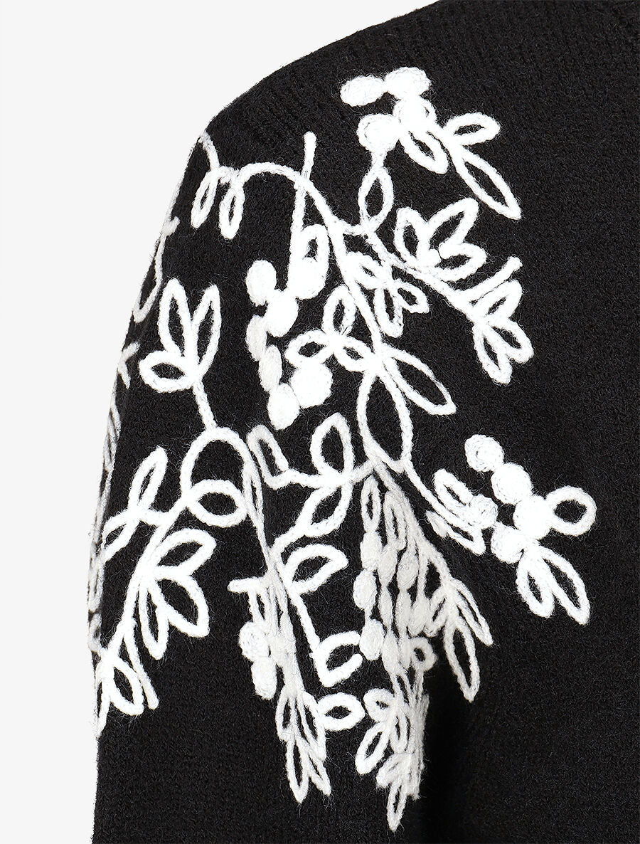 Pull uni à broderies fleuries aux épaules - Noir - 3