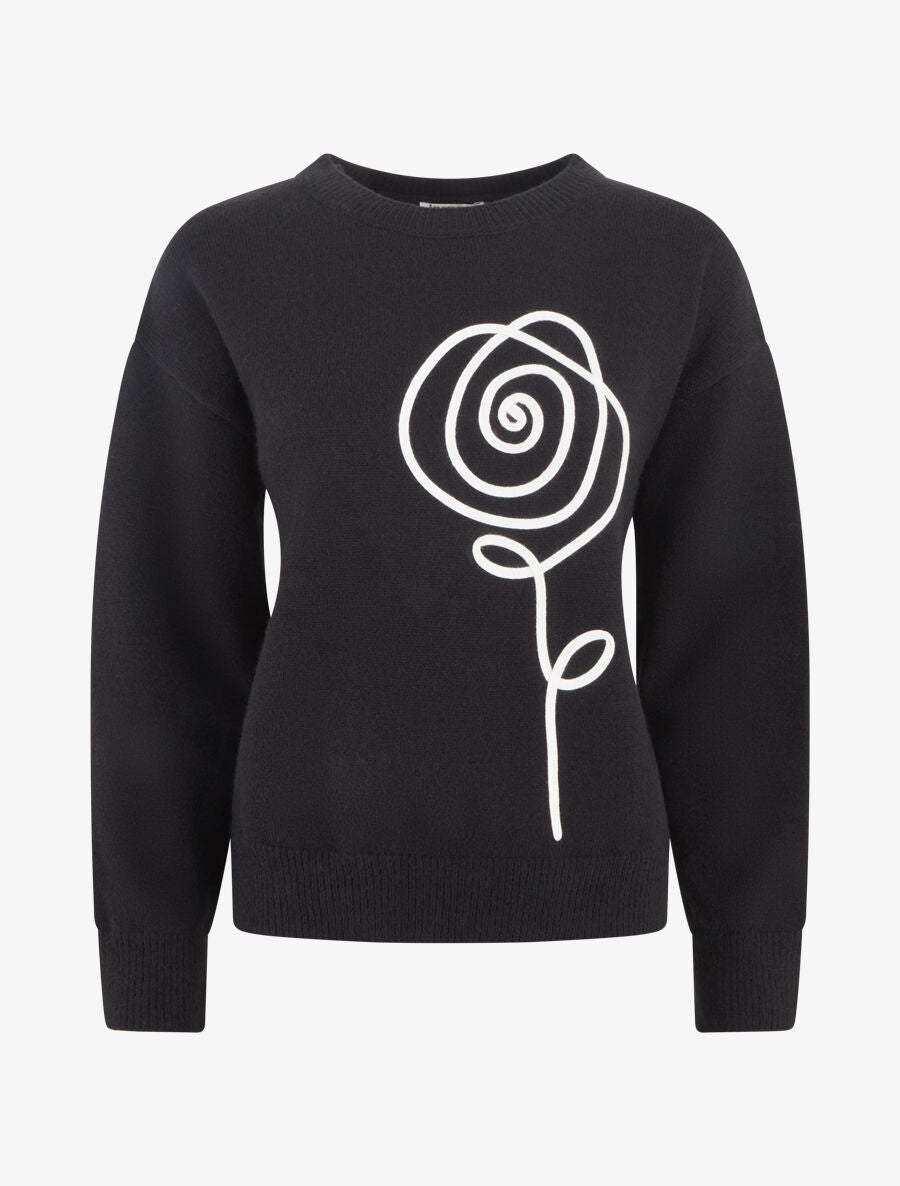 Pull uni à broderie fleur - Noir - 1