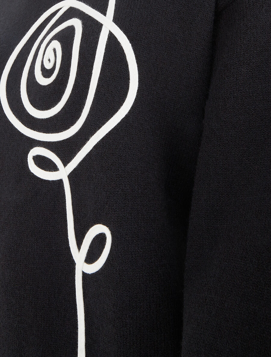 Pull uni à broderie fleur - Noir - 3