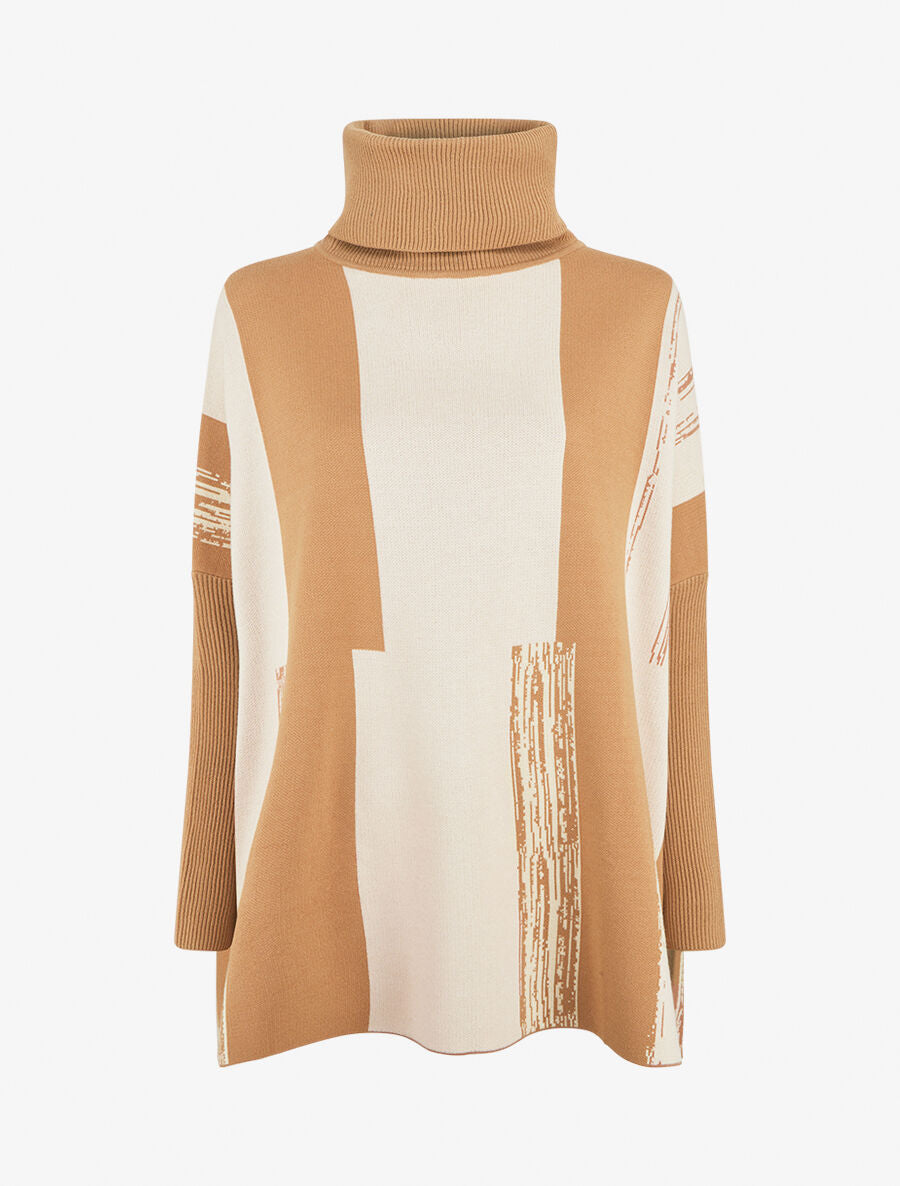 Pull ample à col roulé et imprimé graphique - Camel - 1