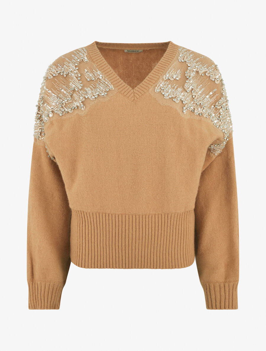 Pull uni à empiècement strass et perles aux épaules - Camel - 1