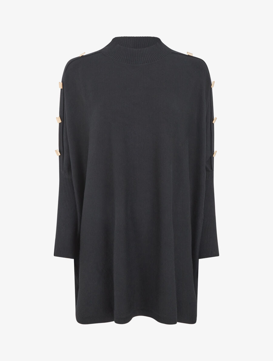 Pull ample uni manches boutonnées - Noir - 1