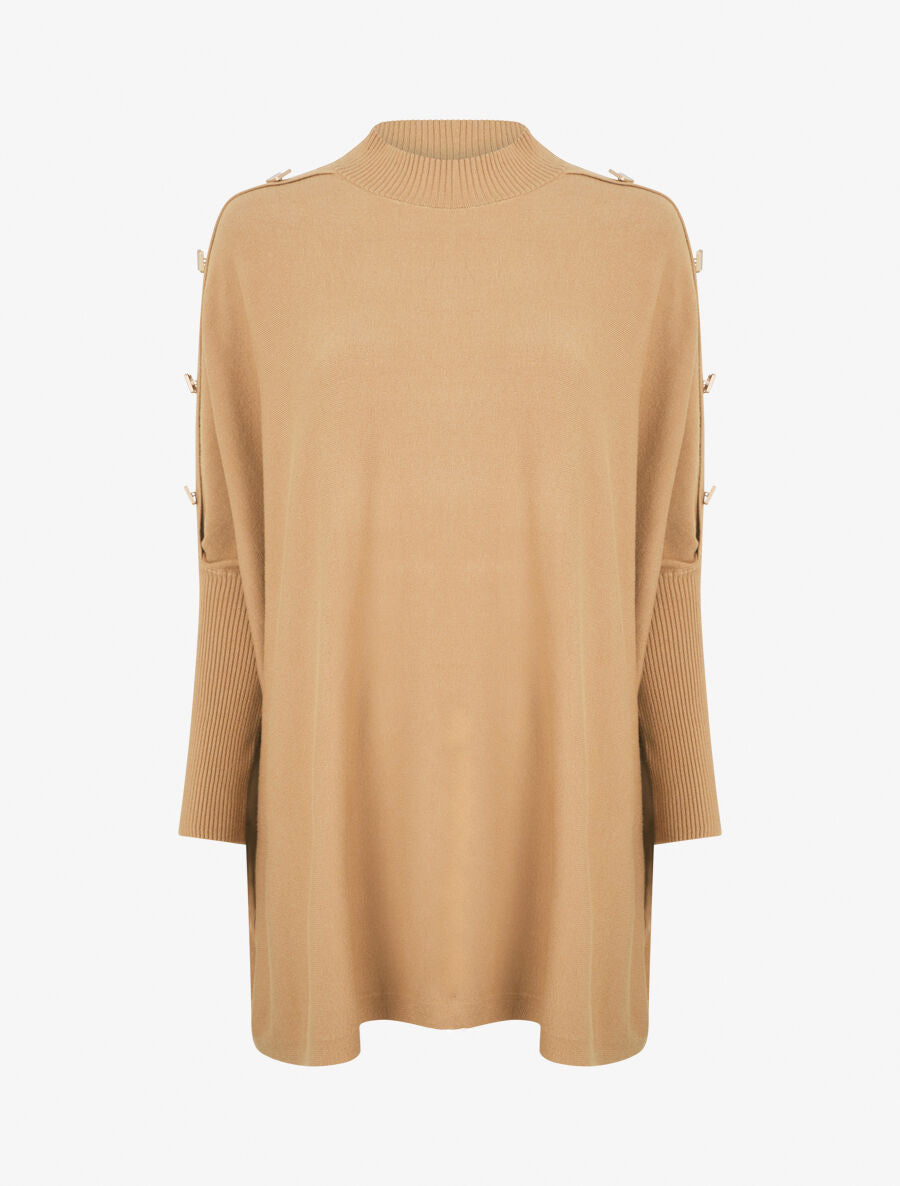 Pull ample uni manches boutonnées - Camel - 4