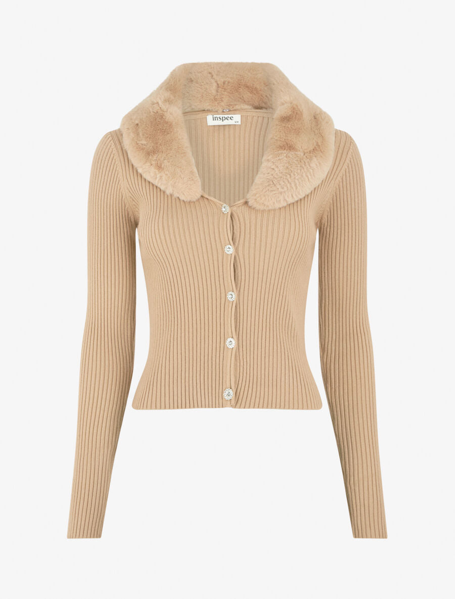Gilet côtelé ajusté col en fourrure - Taupe - 1