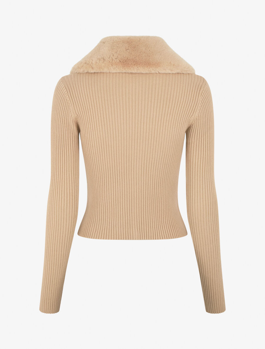 Gilet côtelé ajusté col en fourrure - Taupe - 2
