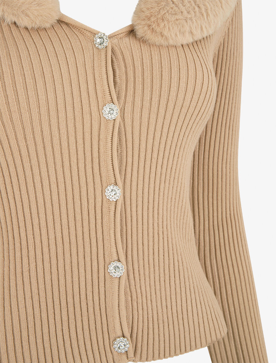 Gilet côtelé ajusté col en fourrure - Taupe - 3