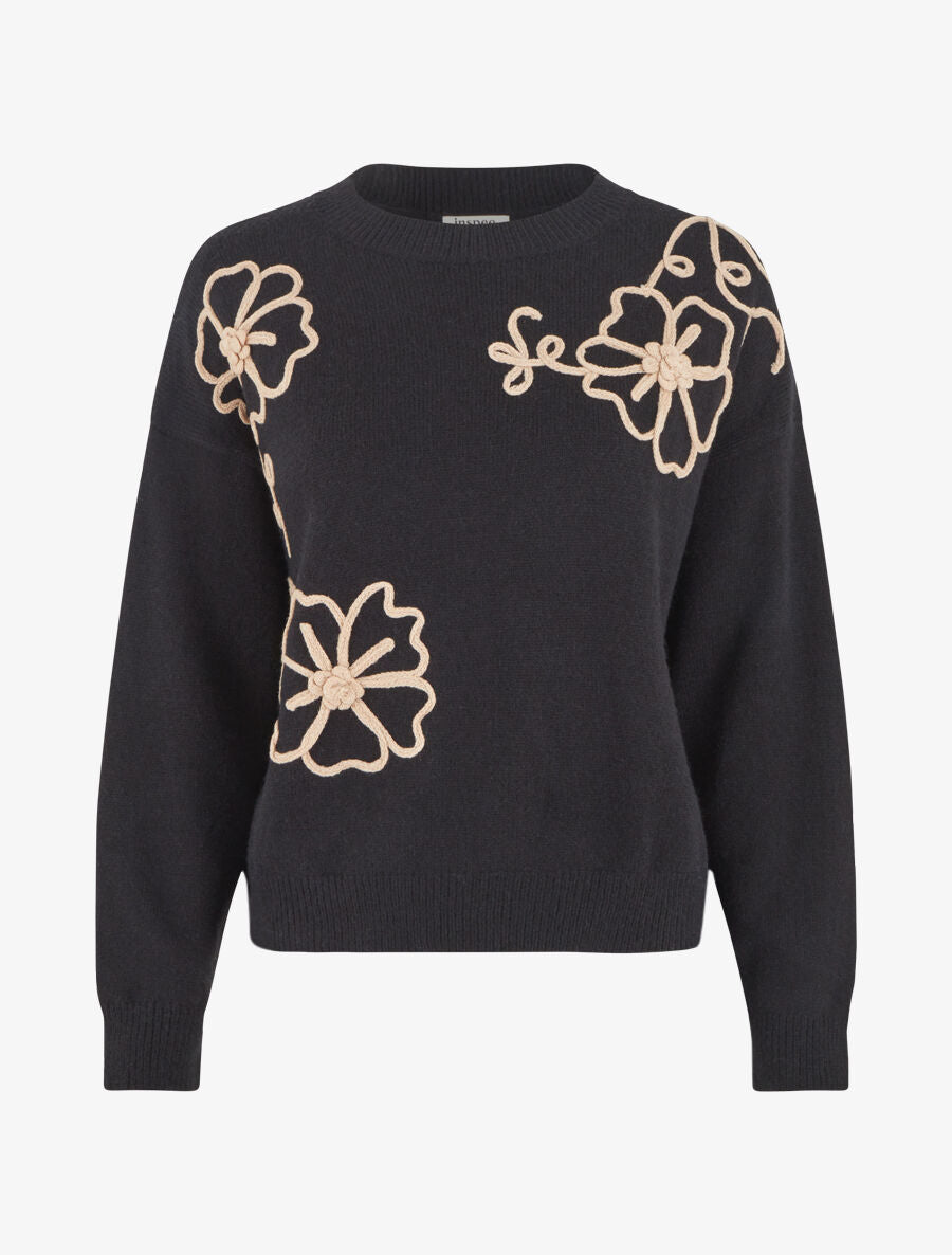 Pull droit à fleurs brodées - Noir - 4