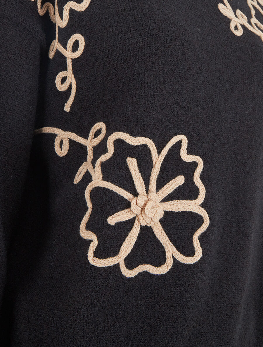 Pull droit à fleurs brodées - Noir - 3
