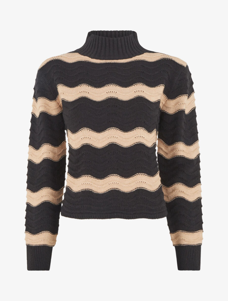 Pull droit col montant motif zigzag - Noir/beige - 4