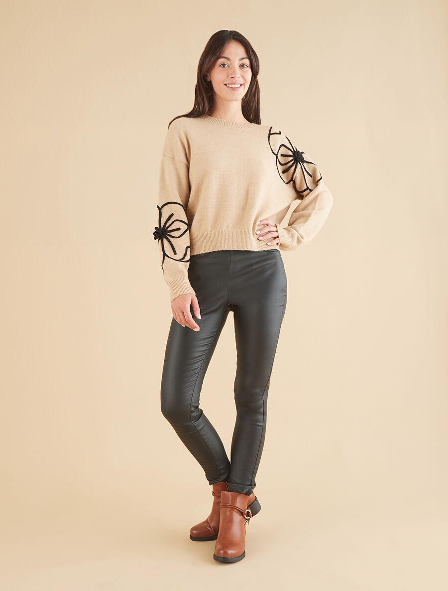 Pull en maille broderie fleurs - Beige - 4