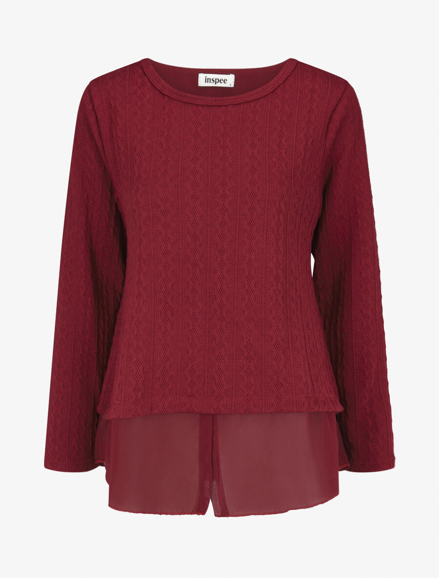 Pull bi matière uni - Bordeaux - 1