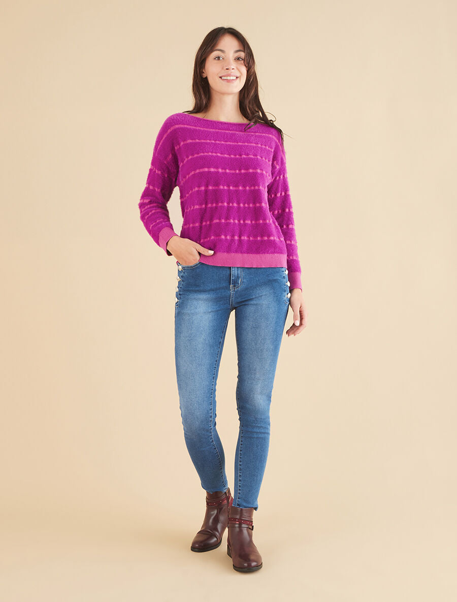 Pull fluffy à bords côtelés - Fushia - 4