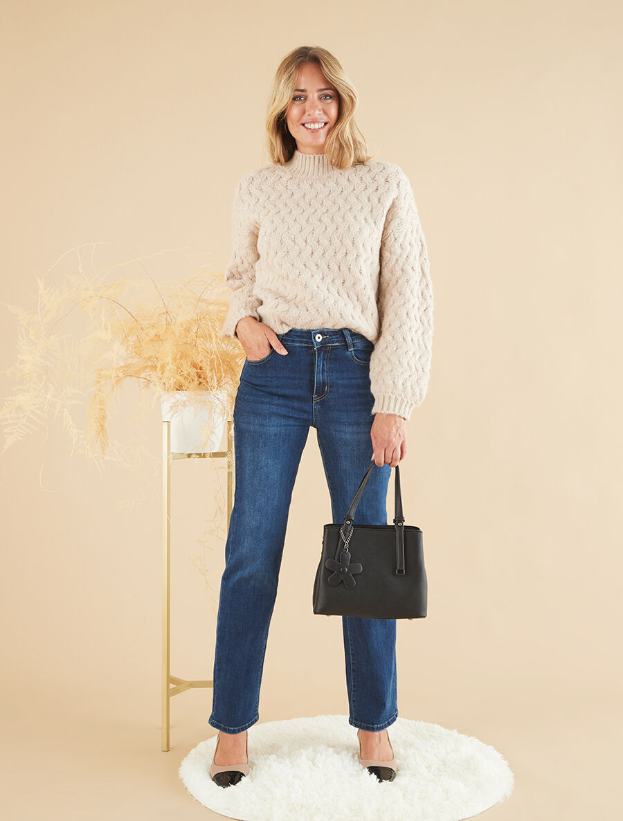 Pull uni en maille à col montant - Beige - 4