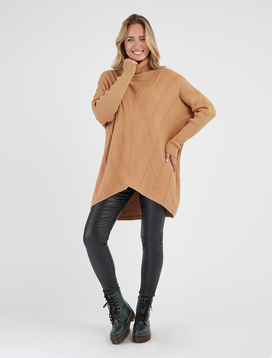 Pull long uni à col roulé - Camel