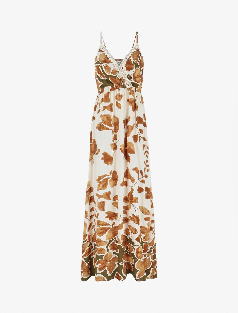 Robe longue à fines bretelles imprimé feuillage - Marron - 4