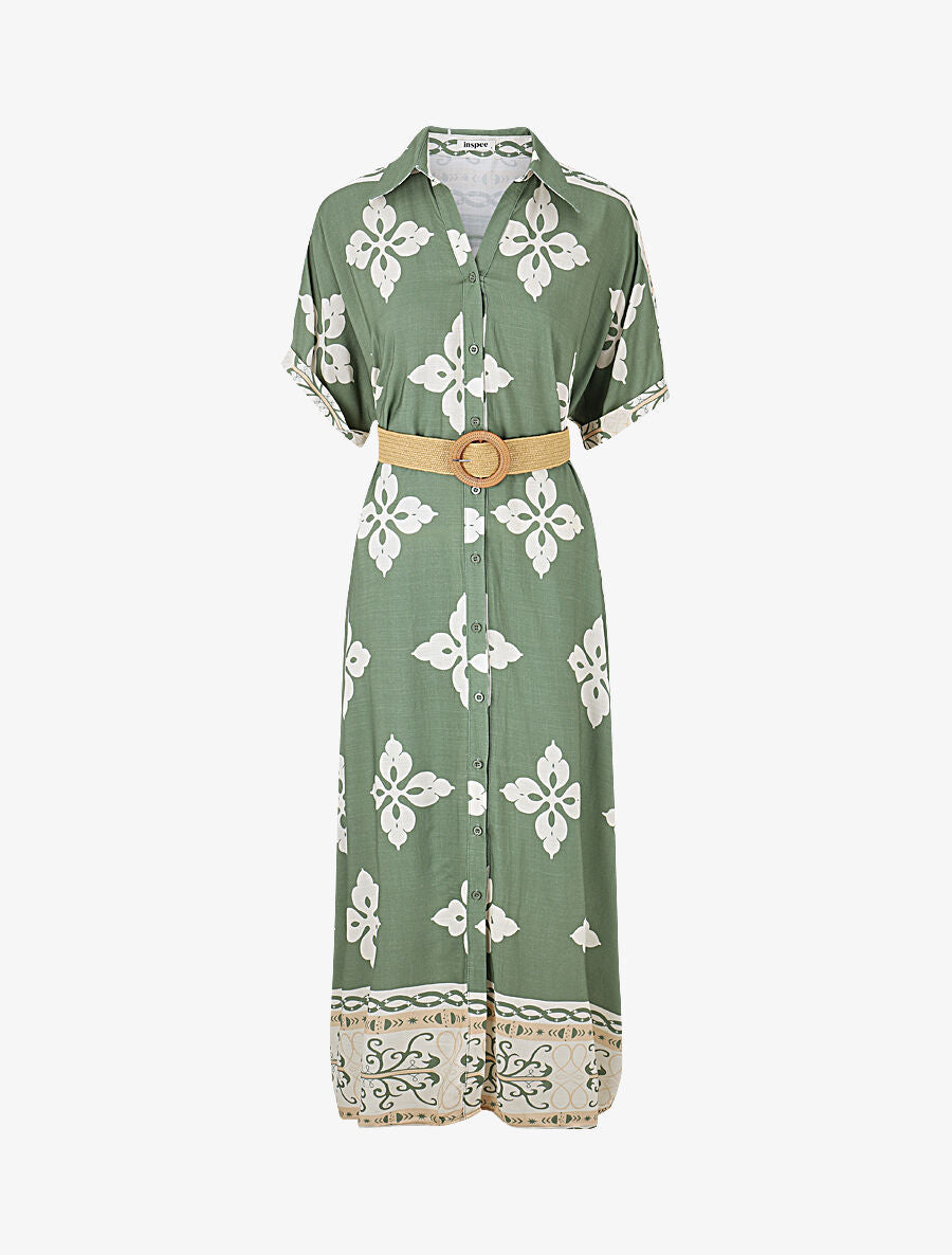 Robe chemise longue manches courtes imprimé floral - Vert olive - 1