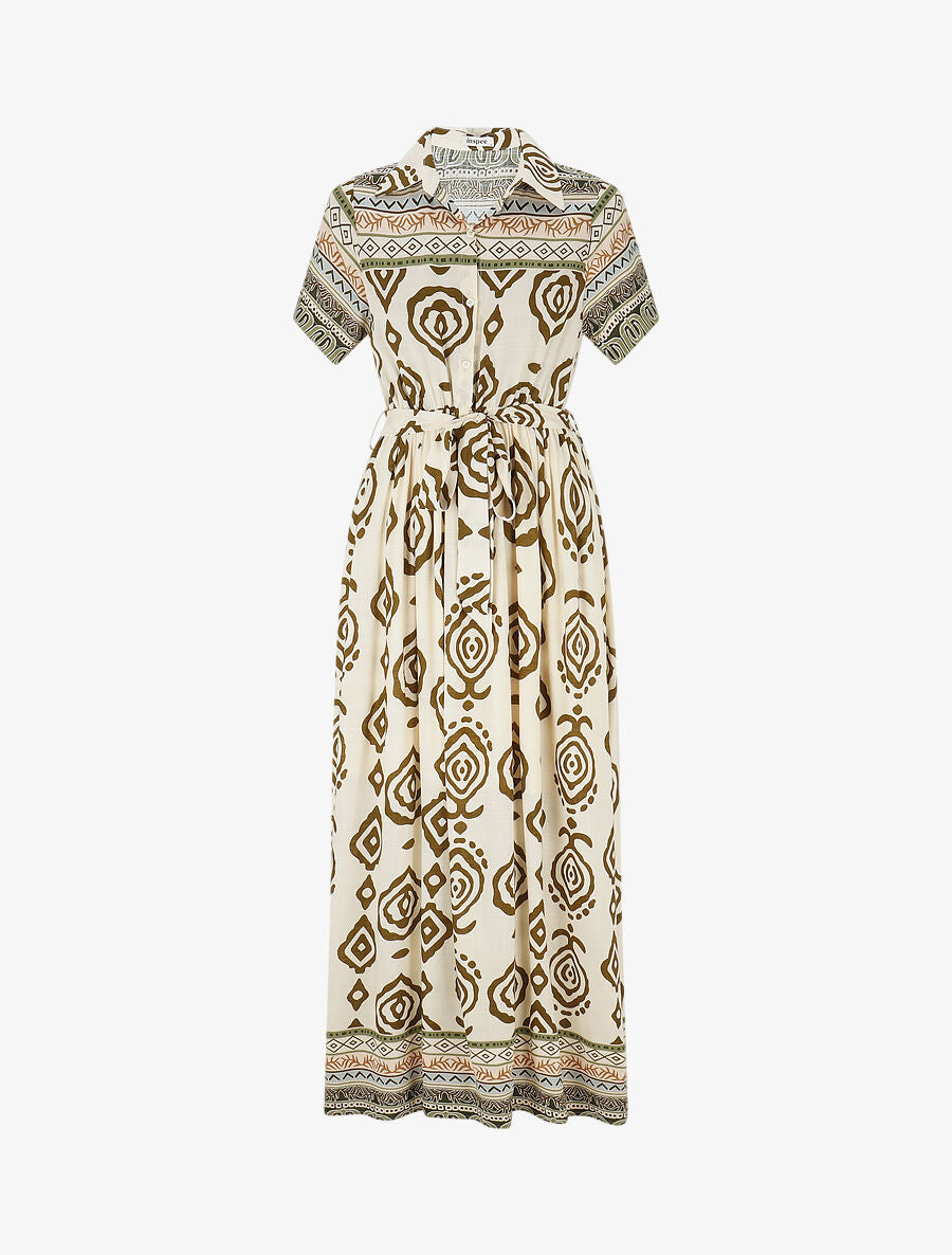 Robe longue manches courtes imprimé graphique - Kaki/écru - 4
