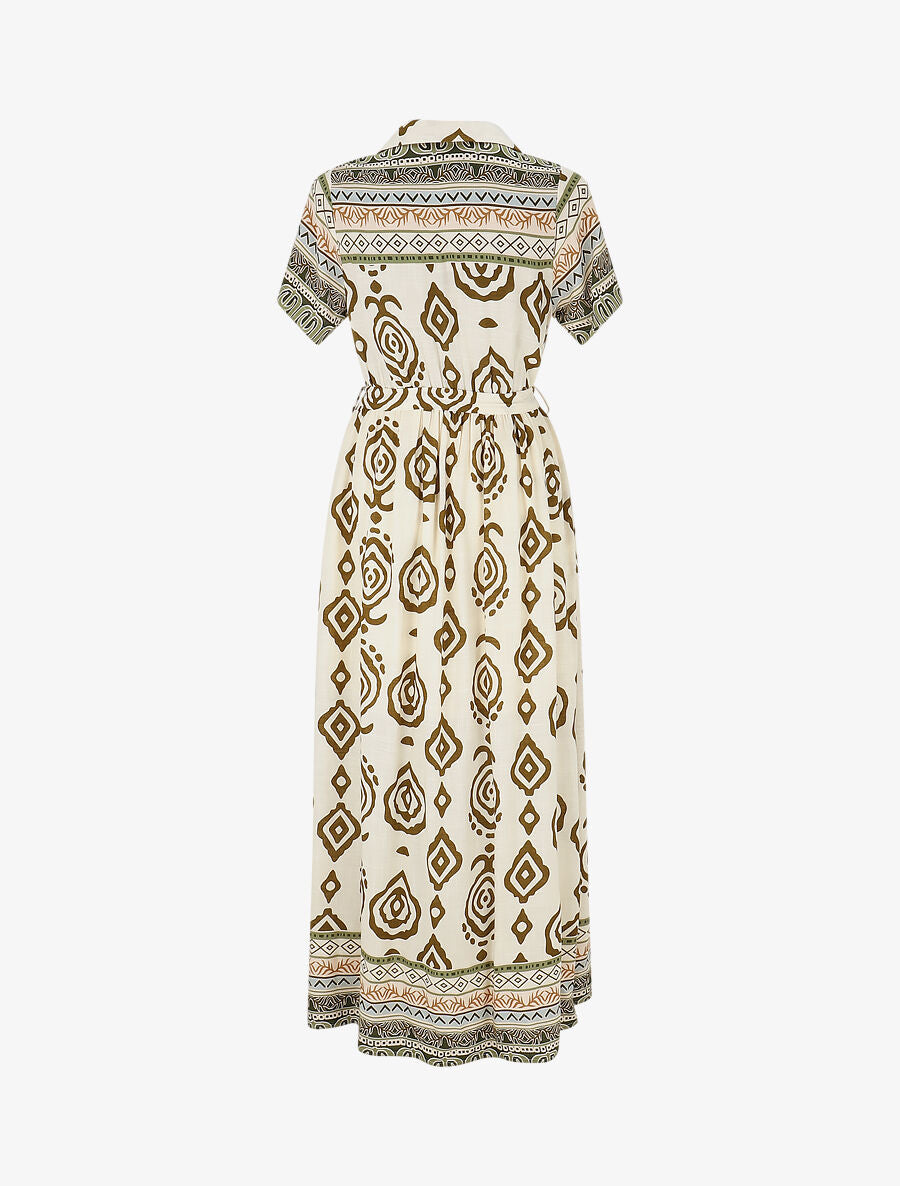 Robe longue manches courtes imprimé graphique - Kaki/écru - 2