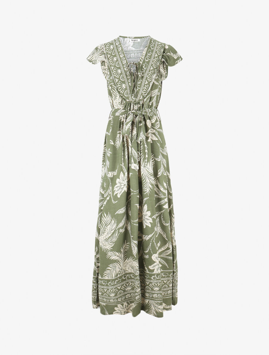 Robe longue imprimé tropical - Vert olive - 1