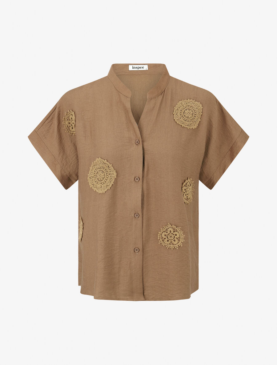Chemise manches courtes à empiècements en crochet - Marron - 4