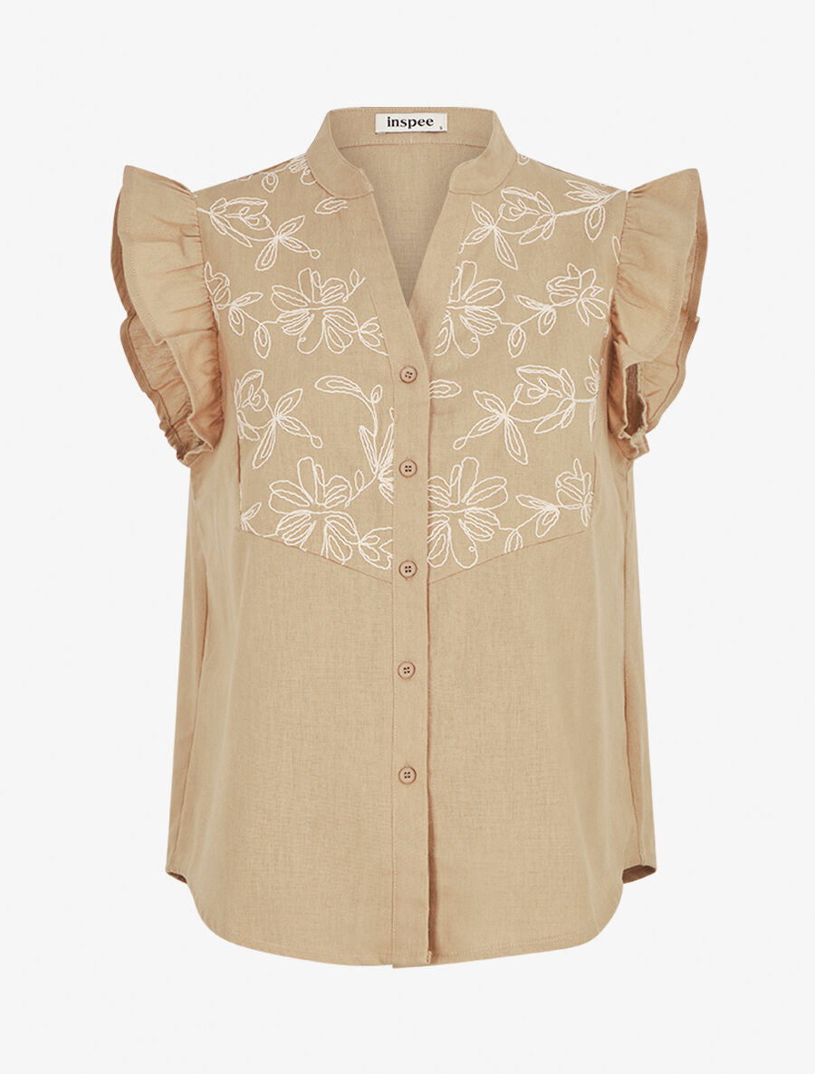 Blouse brodée sans manches à épaules volantées - Beige - 1