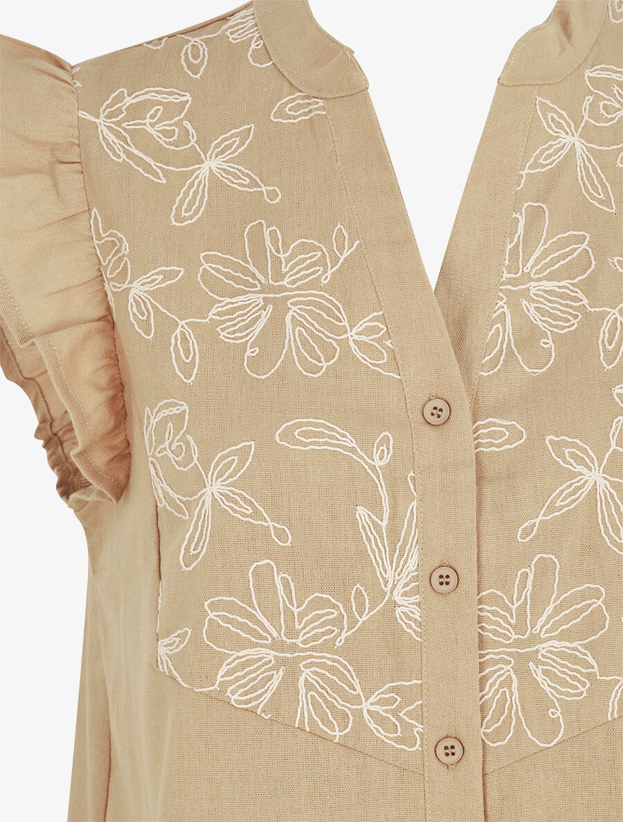 Blouse brodée sans manches à épaules volantées - Beige - 3