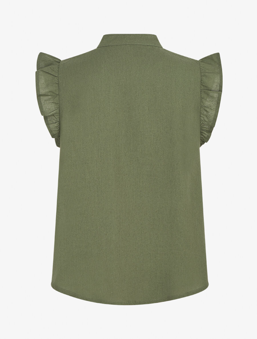 Blouse brodée sans manches à épaules volantées - Kaki - 2