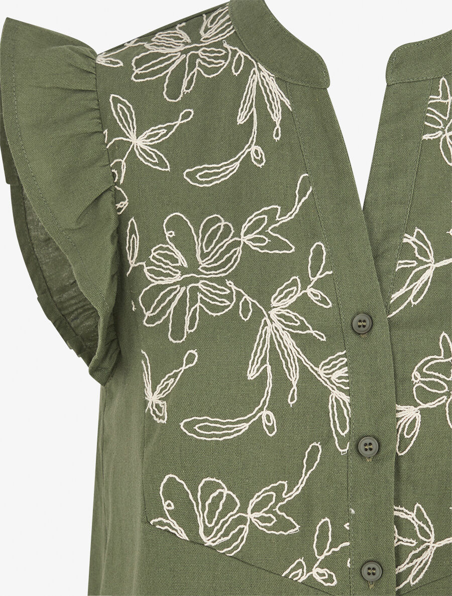 Blouse brodée sans manches à épaules volantées - Kaki - 3