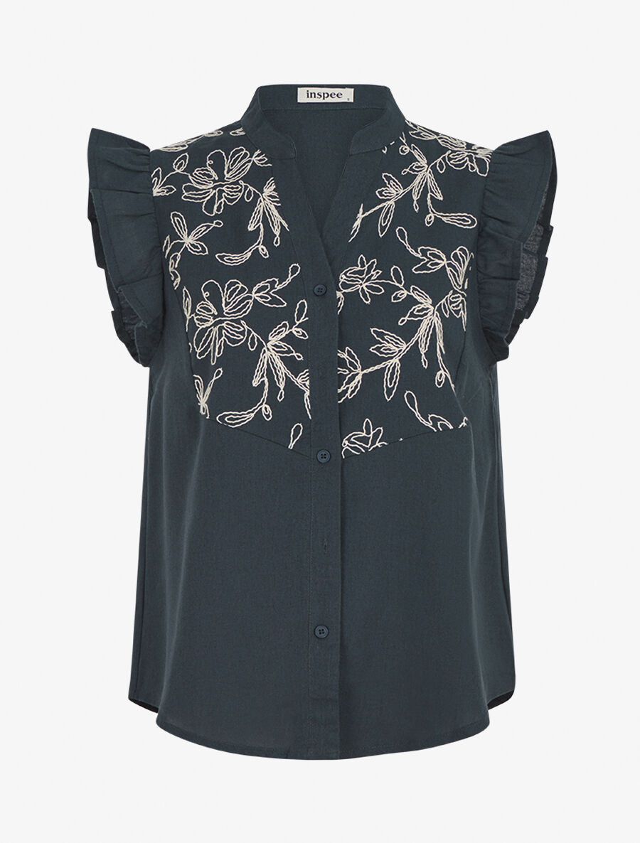 Blouse brodée sans manches à épaules volantées - Bleu pétrole - 1