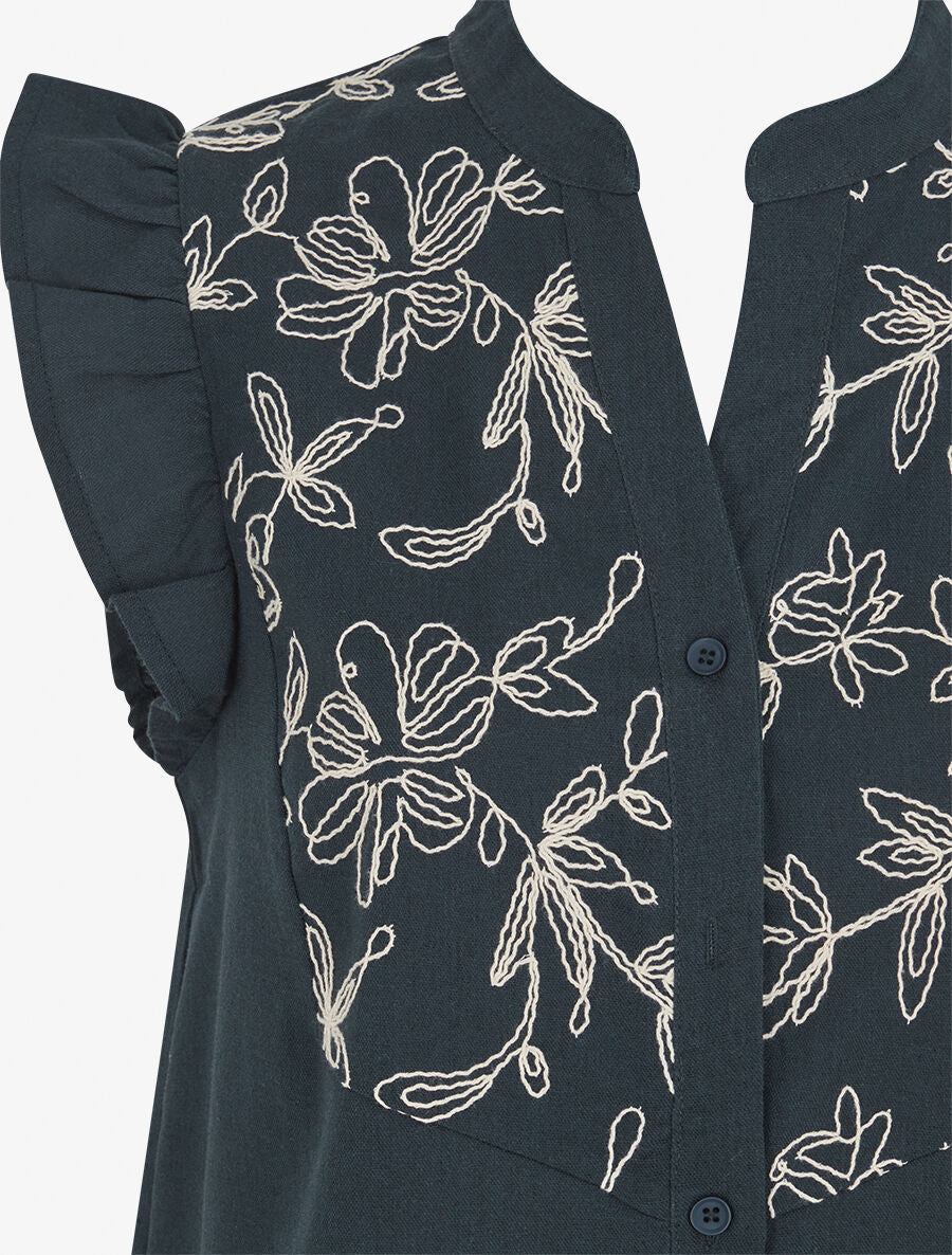 Blouse brodée sans manches à épaules volantées - Bleu pétrole - 3