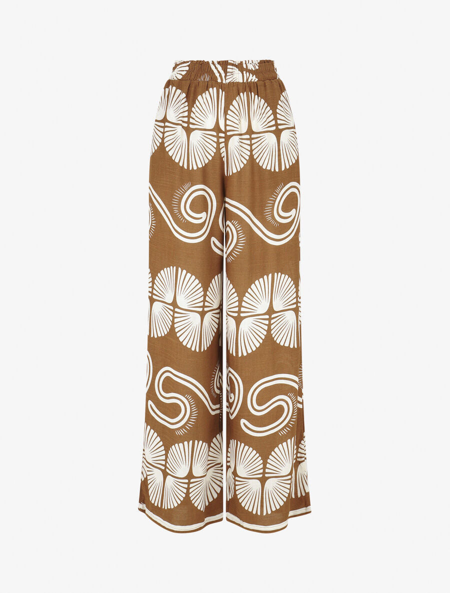 Pantalon fluide à taille élastiquée imprimé fantaisie - Marron - 1