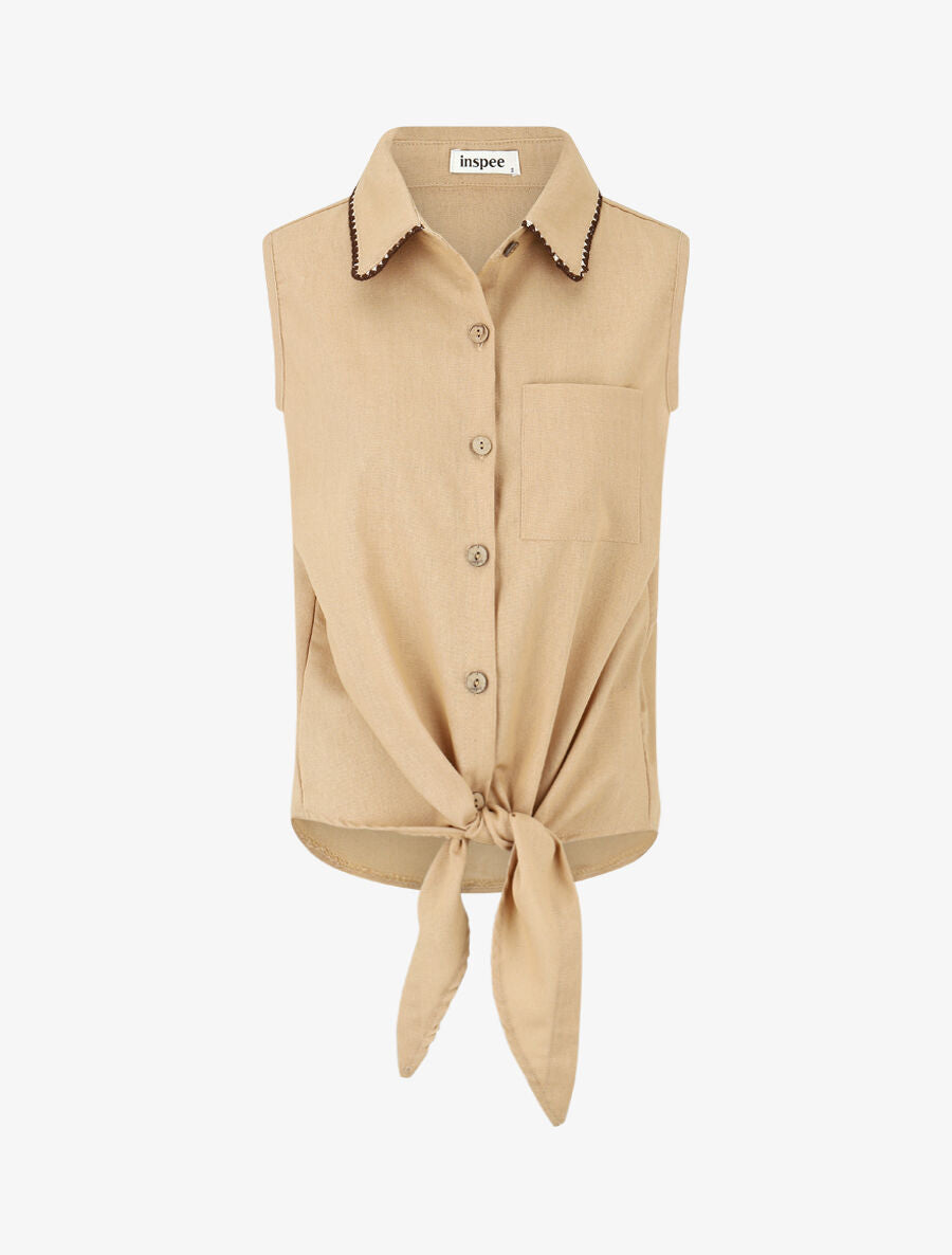 Chemise en lin sans manches à noeud - Beige - 1