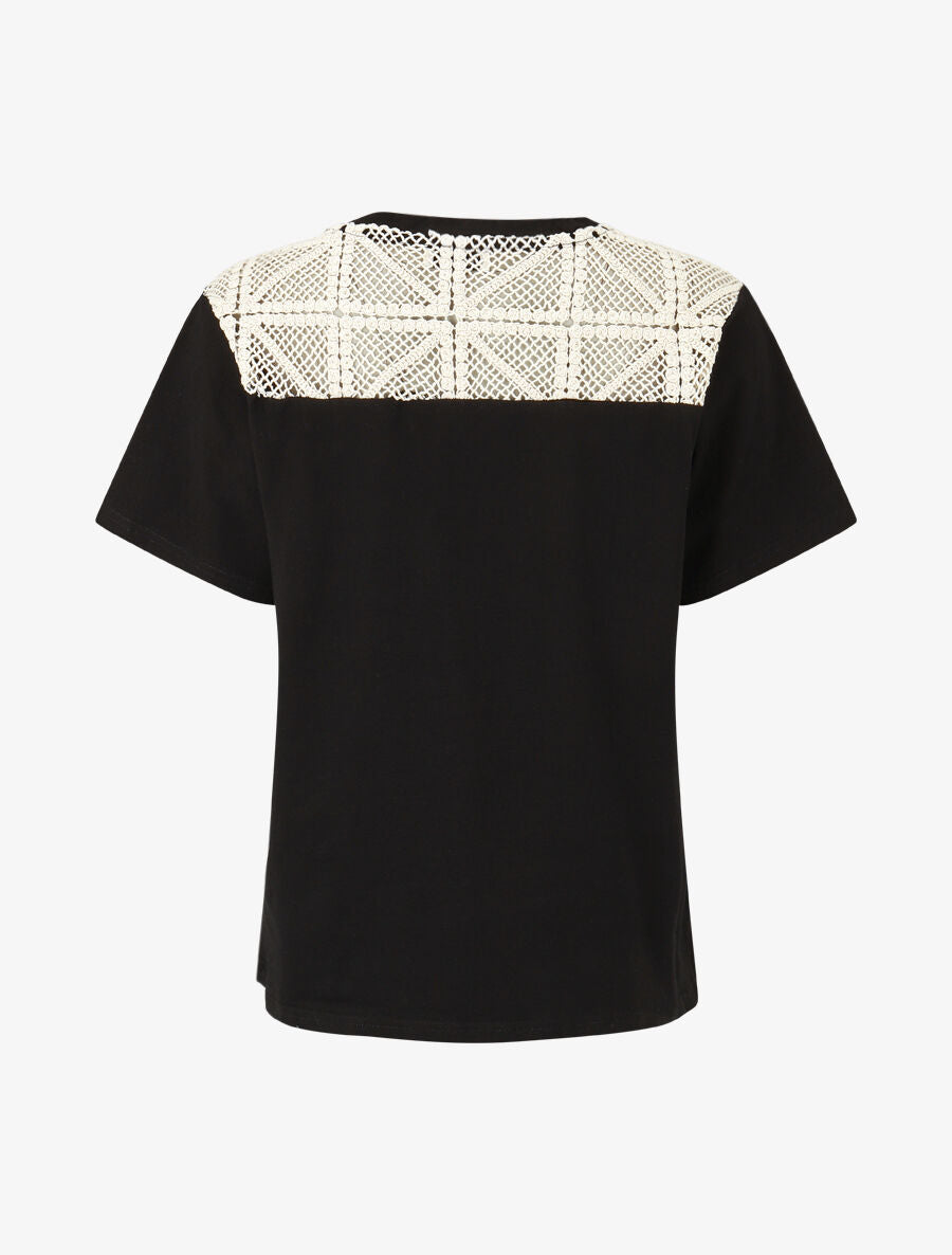 Top en coton à empiècements crochet - Noir - 2
