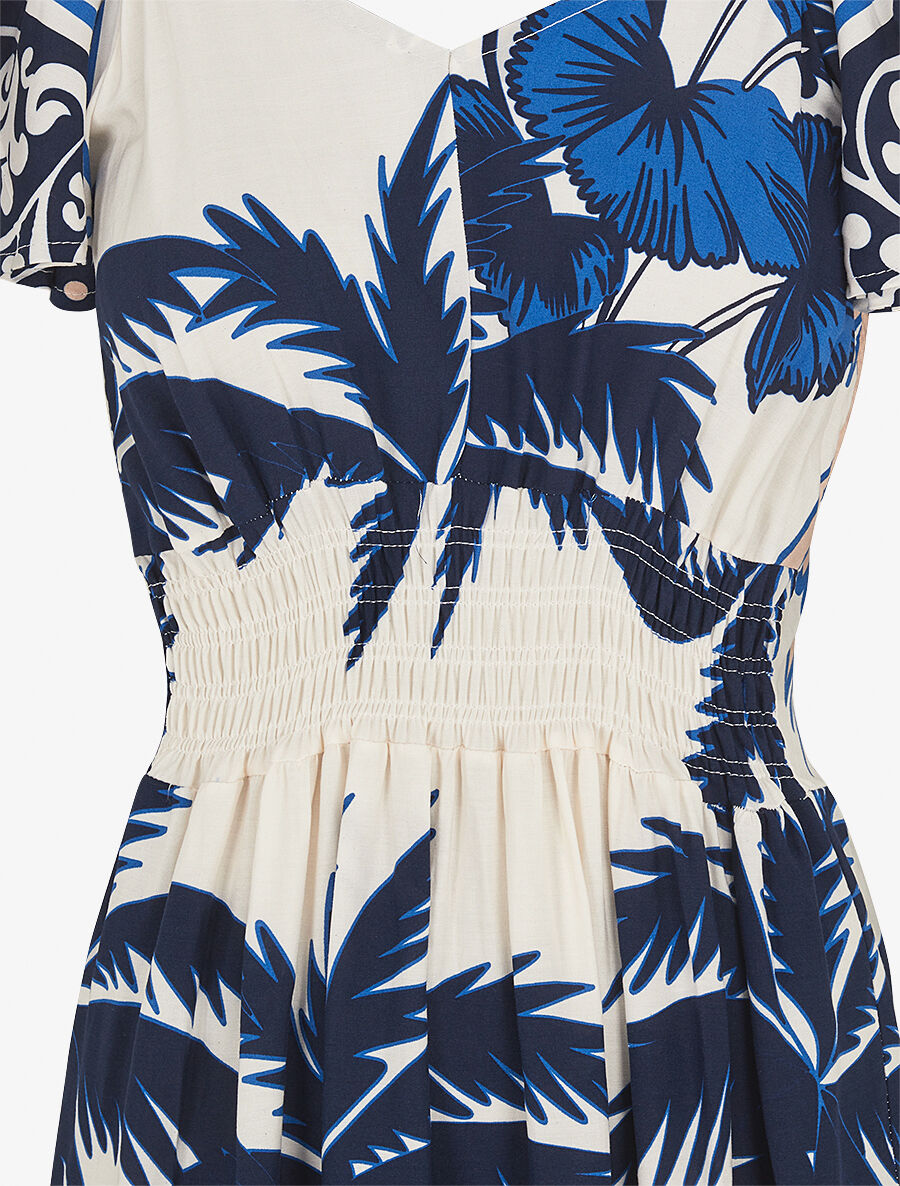 Robe longue imprimé palmier à manches courtes - Marine - 3