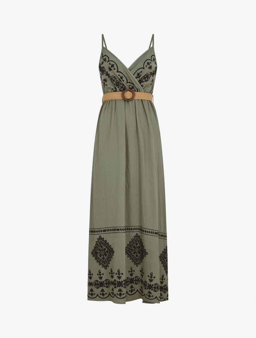 Robe longue à fines bretelles et broderies - Kaki - 4