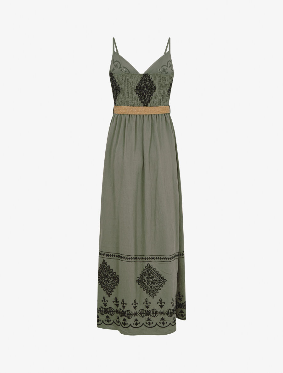 Robe longue à fines bretelles et broderies - Kaki - 2