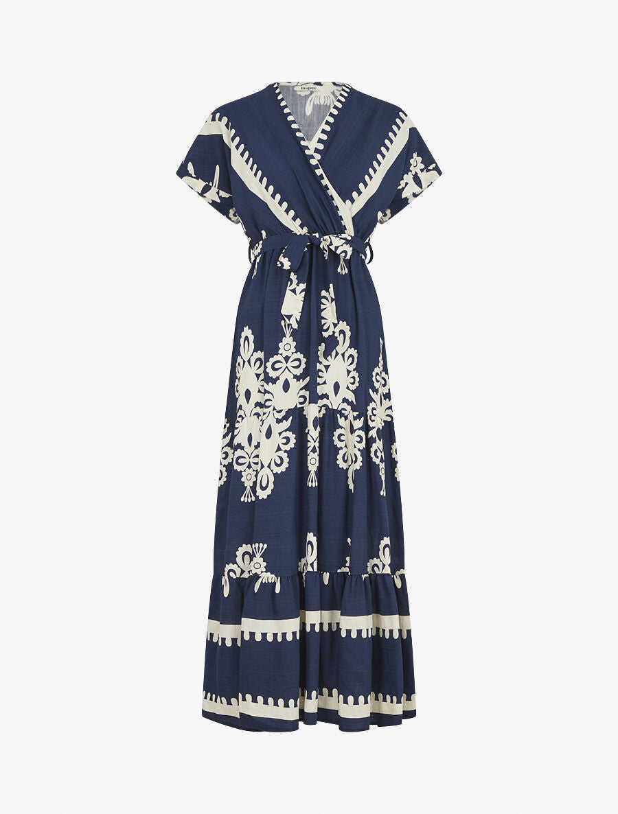 Robe longue manches courtes imprimé fantaisie - Marine - 1