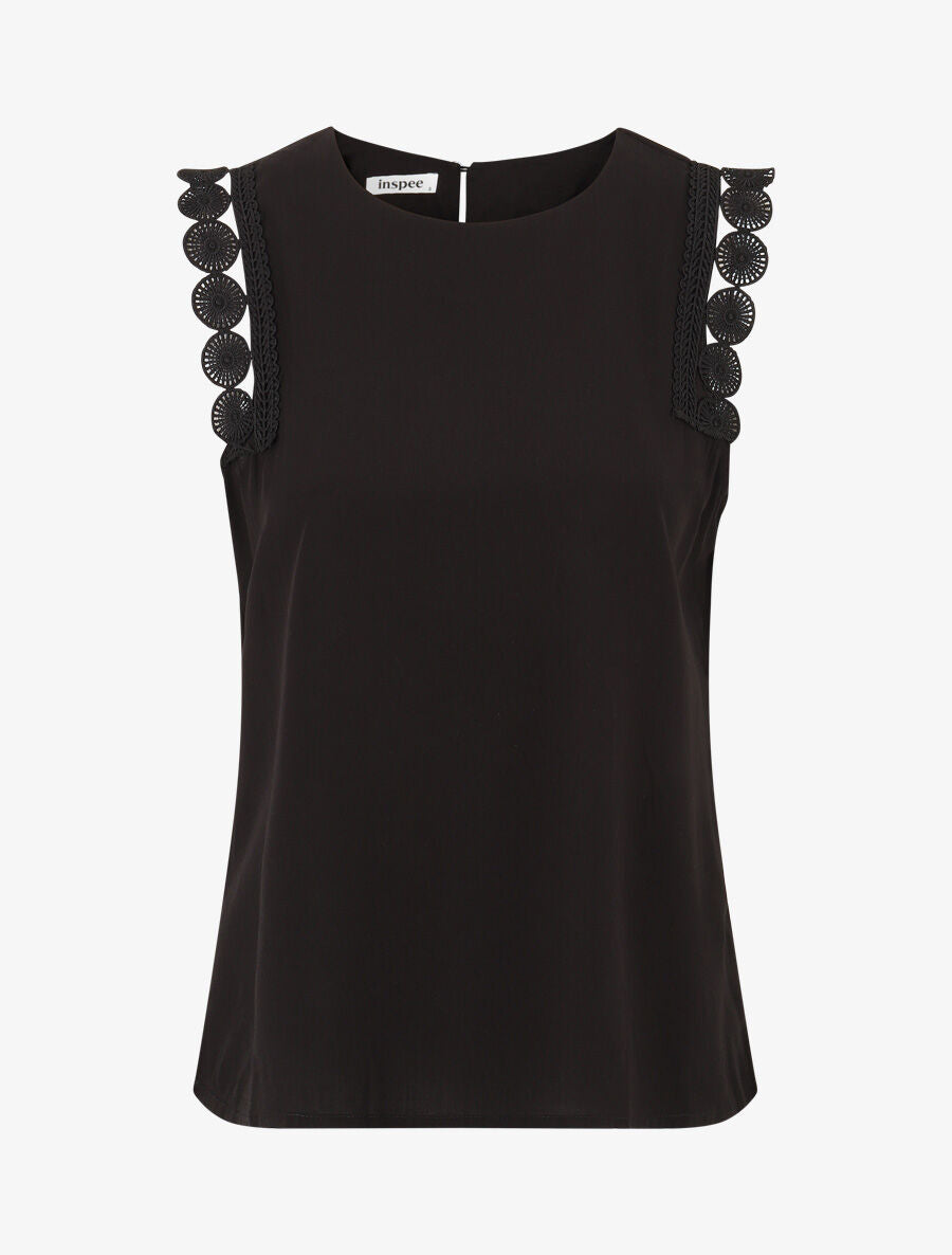 Top droit uni sans manches à dentelle - Noir - 1