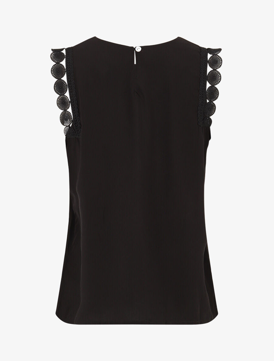 Top droit uni sans manches à dentelle - Noir - 2